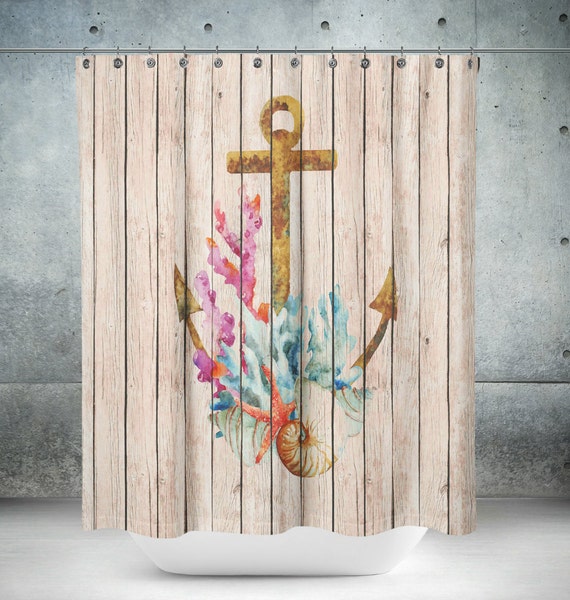 Anchor Shower CurtainFaux Rose Wood Beach Theme Shells Coral