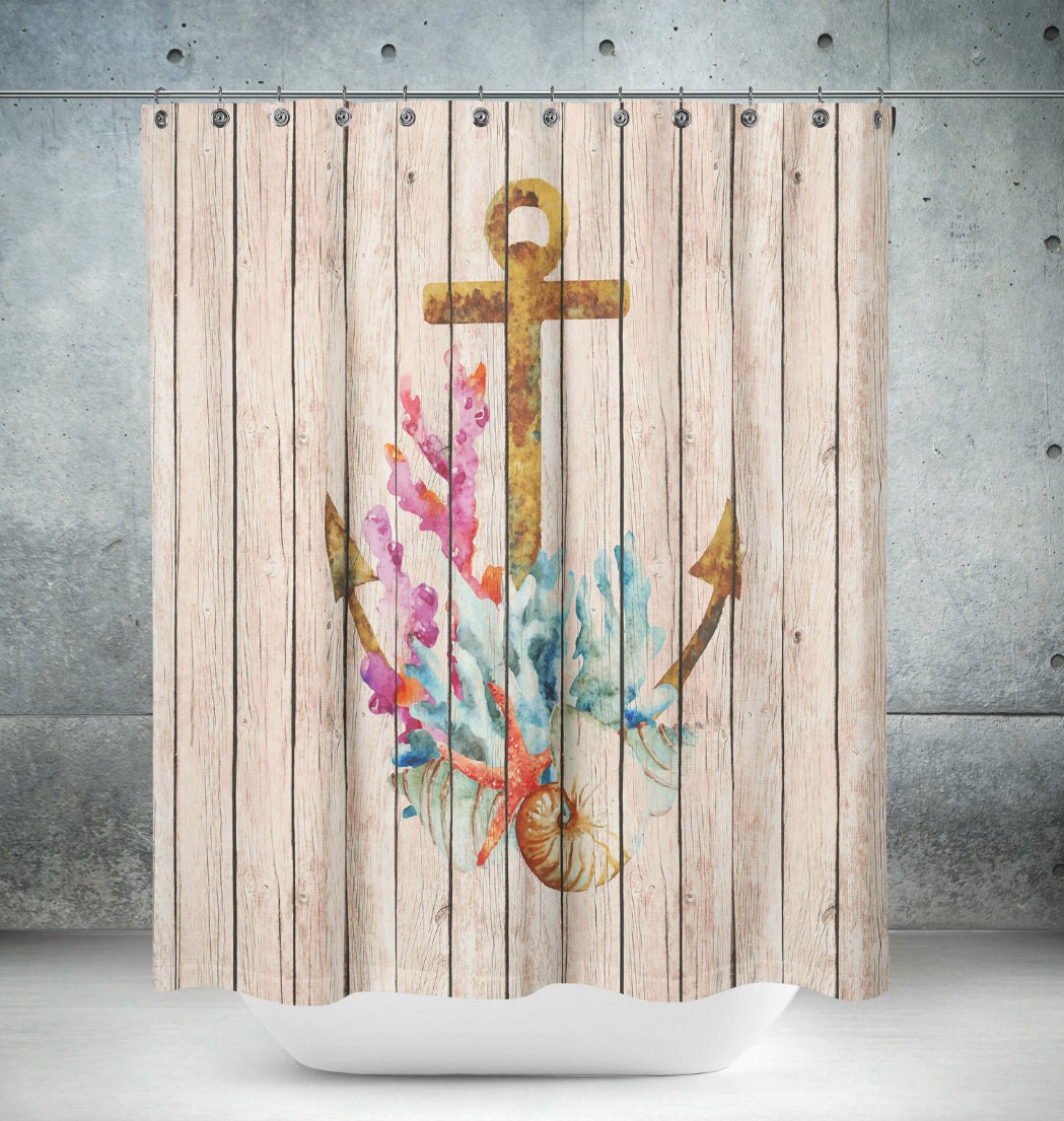 Anchor Shower CurtainFaux Rose Wood Beach Theme Shells Coral