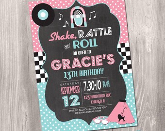 50's Birthday Invitation, Fifties Birthday Invitation, 50's Invitation, Sock Hop Birthday Invitation, 50's Sock Hop Invitation, Printable