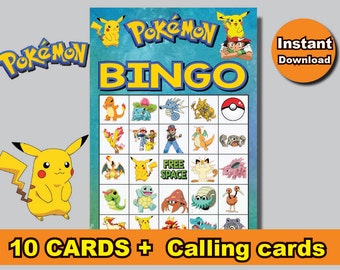 INSTANT DL- Pokemon Bingo 10 cards + calling cards Printable party birthday game (NOT editable)