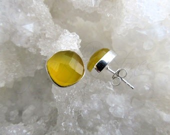 Yellow Chalcedony Post Earrings, Cushion Cut Chalcedony Earrings, Small Stud Earrings, Sterling Silver Yellow Chalcedony Stud Earrings