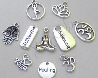 Yoga Charms 10PCs Mix - 10/20/50 Lotus Namaste Om Yogi Pendant Findings CM4740