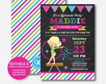 Instant Download, Editable Gymnastics Birthday Invitation, Gymnastics Invitation, Gymnastics Party Invitation, Girl, Chalkboard (CKB.466D)
