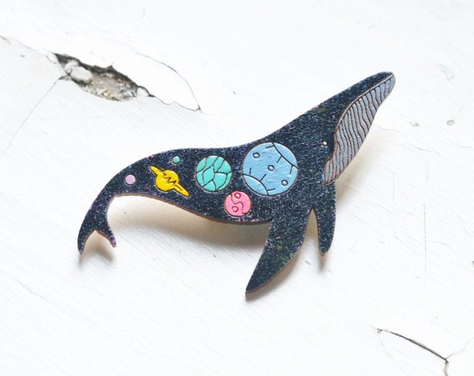 Space Whale // Wooden brooch is covered with ECO paint // Laser Cut // Best Trends // Fresh Gifts // Swag Boho Style // Sea Galaxy //