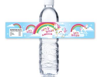Rainbow Unicorn Water Bottle Label, Customized Printable DIY - Rainbow Unicorn - Girls Birthday Party