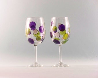 Hand Painted Wine Glasses - Mod Retro Design - Purple and Lime Green Circles - Set of Two