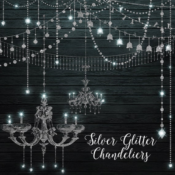 Silver Glitter Chandeliers Clipart Digital Chandelier Clip