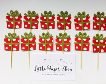 Handmade Cupcake Toppers - Christmas Presents x 12