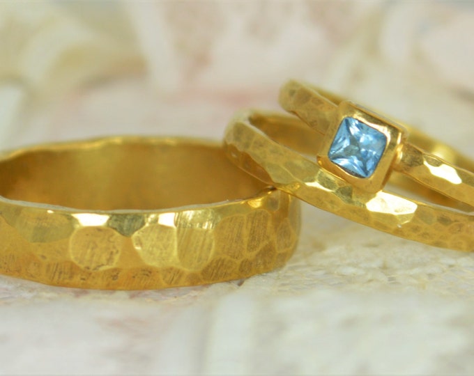 Square Aquamarine Engagement Ring, 14k Gold, Aquamarine Wedding Ring Set, Rustic Wedding Ring Set, March Birthstone, Solid Gold