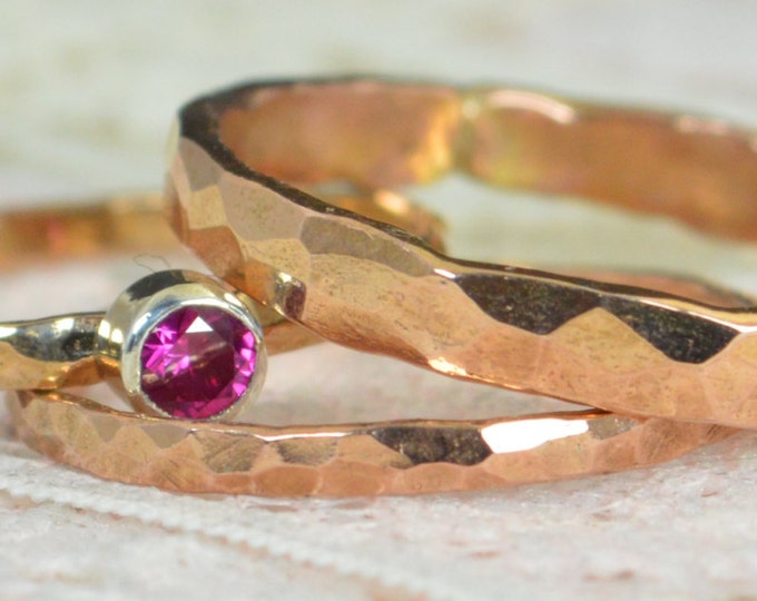 Ruby Engagement Ring, 14k Rose Gold, Ruby Wedding Ring Set, Rustic Wedding Ring Set, July Birthstone, Solid 14k Ruby Ring