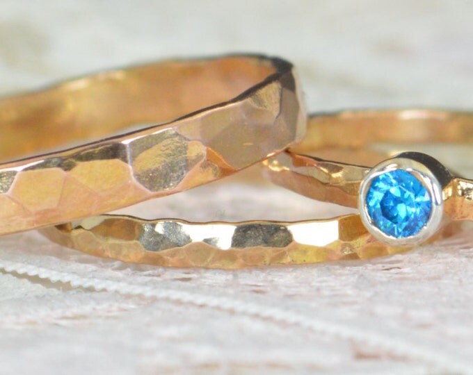Blue Topaz Engagement Ring, 14k Rose Gold, Blue Topaz Wedding Ring Set, Rustic Wedding Ring Set, December Birthstone, Solid 14k Ring