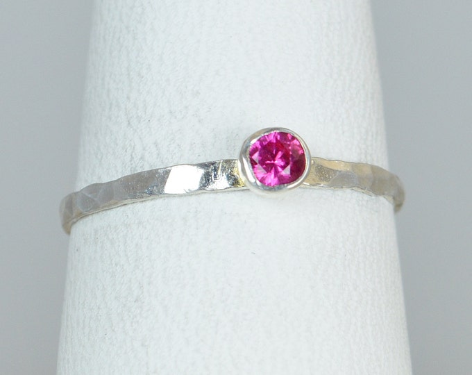 Dainty Ruby Ring, Hammered Silver, Stackable Rings, Mother's Ring, July Birthstone Ring, Skinny Ring, Birthday Ring