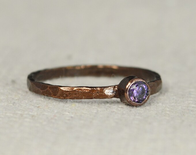 Bronze Copper Amethyst Ring, Classic Size, Stackable Rings, Mothers Ring, February Birthstone, Copper Jewelry, Solitaire, Pure Copper, Band