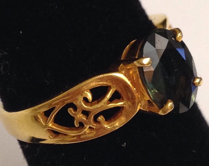 Storewide 25% Off SALE Vintage 18k Gold Oval Faceted Dark Green Emerald Designer Ring Featuring Elegant Pierced Open Design Band