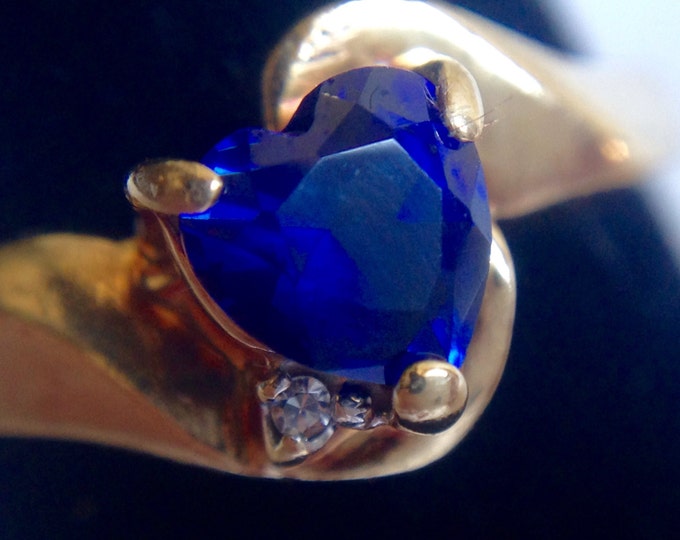 Storewide 25% Off SALE Vintage 10k Gold Deep Blue Faceted Sapphire Heart Gemstone Ring Featuring Petite Diamond Accented Design
