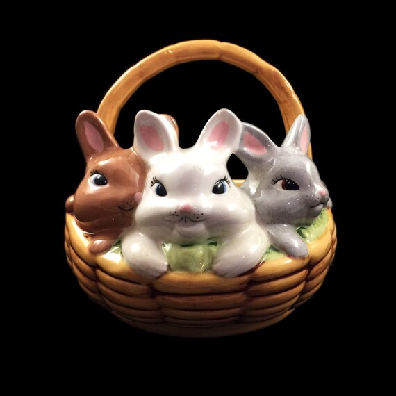Vintage 1970s Bunny Rabbit basket planter figure SALE