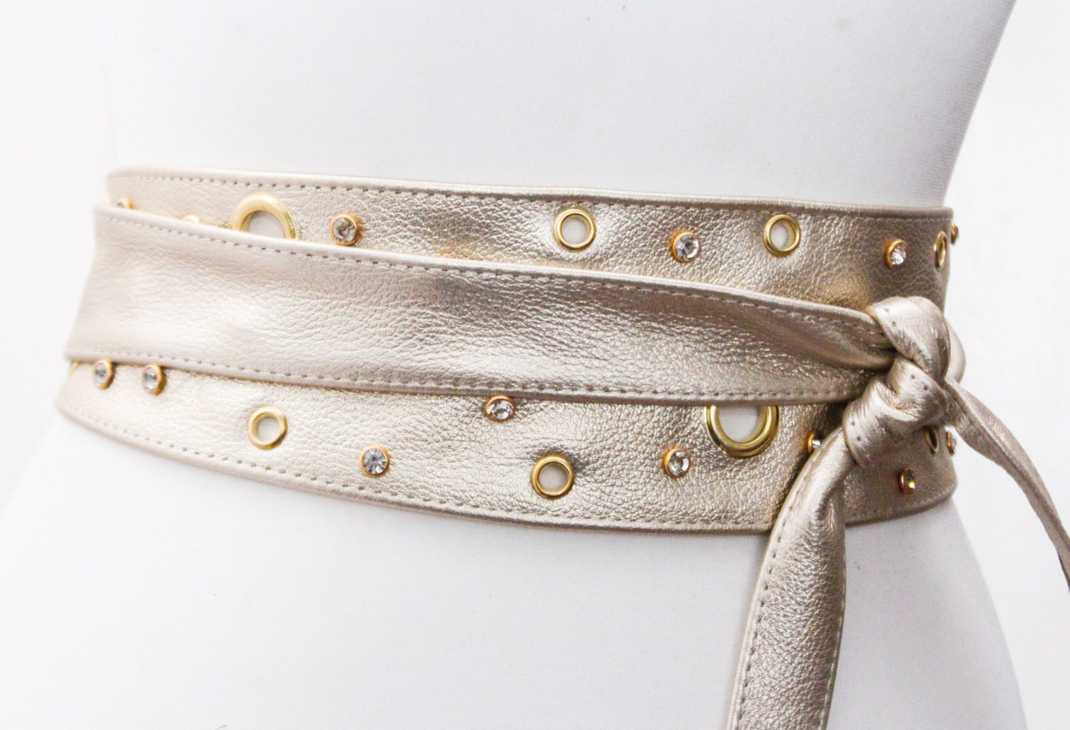 Light Gold Studded Obi Belt Bridal Sash Gold Diamante Studs