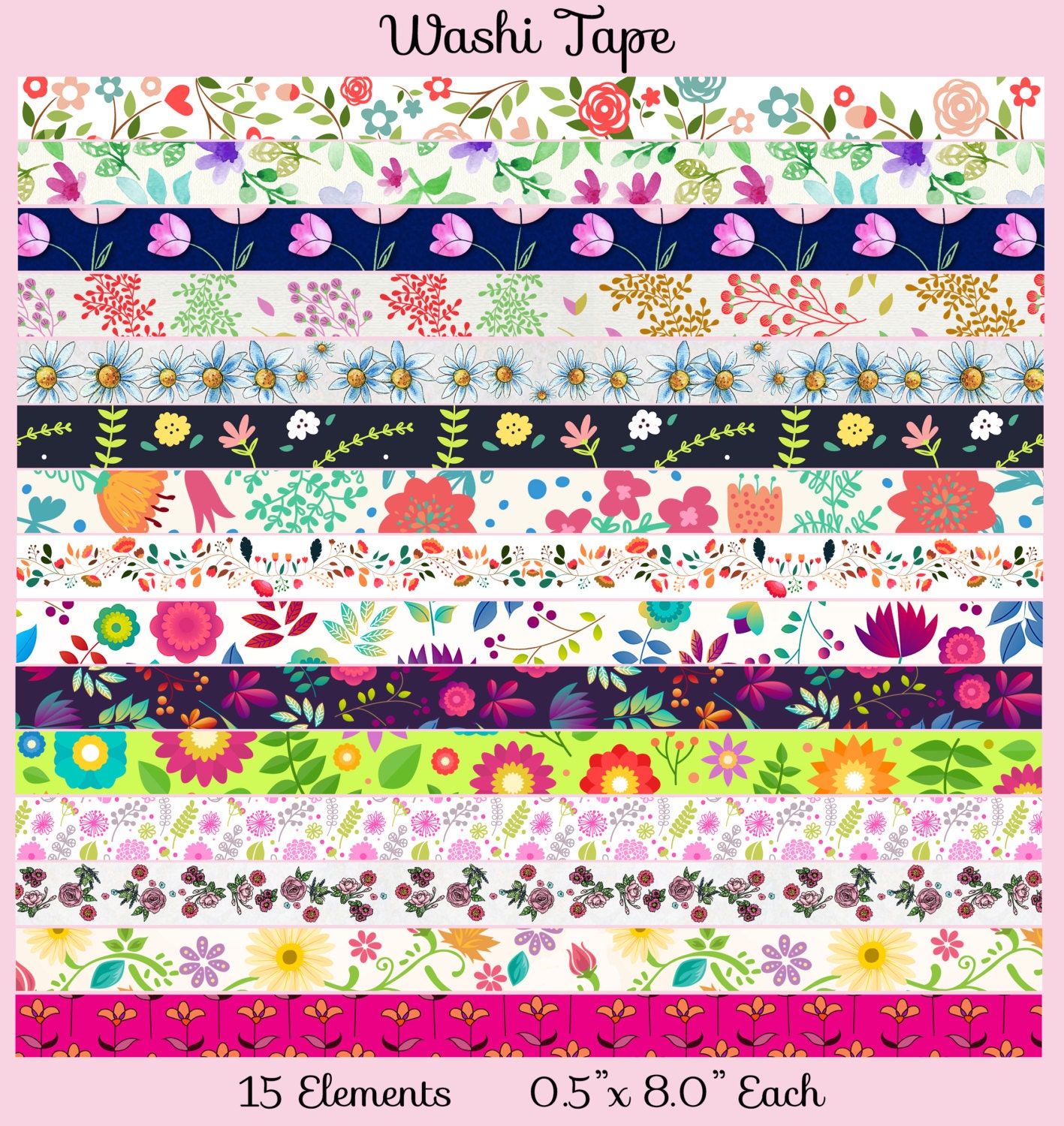 Printable Floral Washi Tape Patterns: For Collage