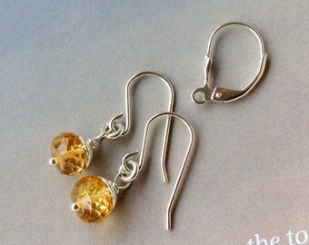 Petite Golden Citrine Earrings, Sterling Silver, November birthstone, citrine roundelle earrings, yellow gemstone, natural gemstone