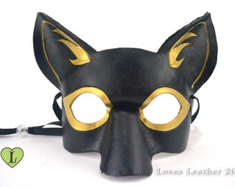 Anubis Mask Egyptian God Leather Face Mask in Satin Black with Metallic Gold Masquerade Mask