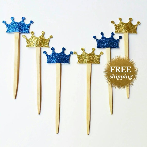 Gold Glitter Crown Cupcake Toppers Blue Glitter by LivinCrafty