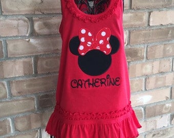Minnie Mouse dress, red knit ruffle dress, Disney applique personalized clothing
