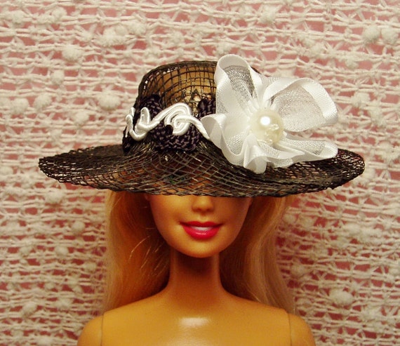 Barbie Doll Hat Black Straw Designer Hat with Black-White