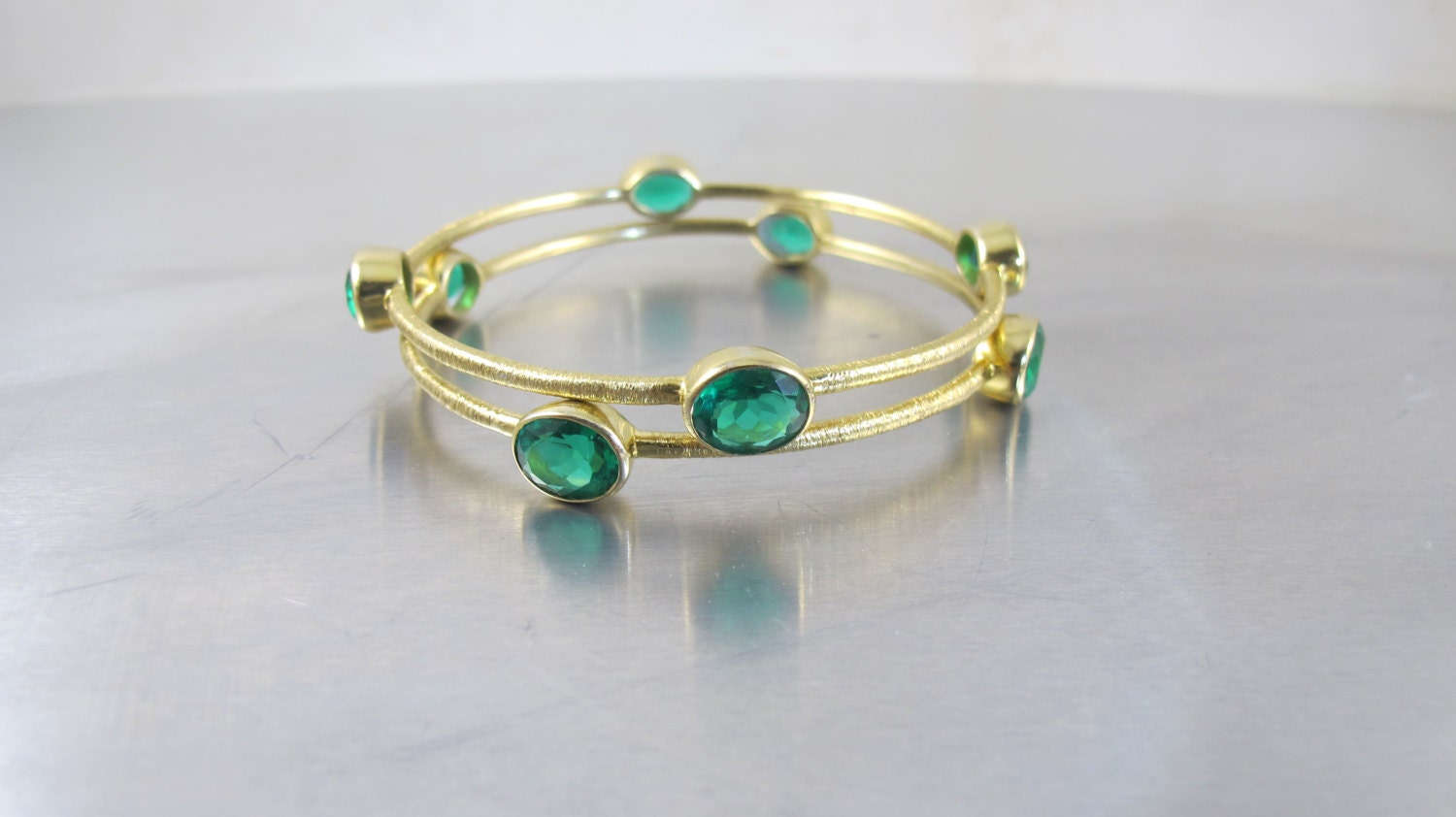 Gemstone Station Bracelet Sterling Silver Vermeil. Emerald