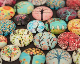Mixed Size Tree Glass Magnet Set, 20mm & 25mm Strong Glass Magnets, Tree of Life Magnets, Nature Magnets, Fridge Magnet, Flower Magnets