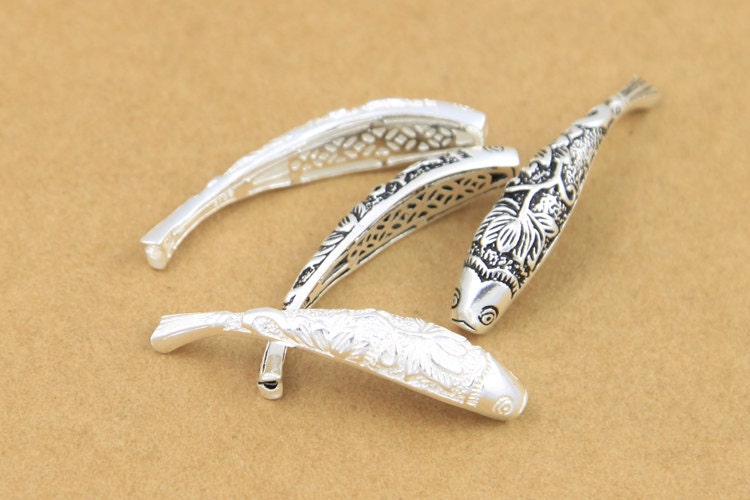 2 Sterling Silver Fish Tube Beads 925 Sterling Silver Curved