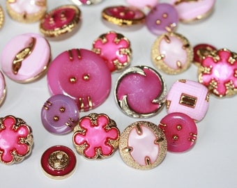 Mixed lot of baby pink cerise purple gold silver buttons, metal look fancy beautiful buttons, lot of 50 random designs, girls buttons