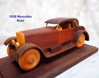 Artist Jack BRANT "1928 Mercedes Benz" Hand-Crafted Wood (DARK Cherry-Walnut) Replica Car+Stand-Signed-Numbered-80's Collectible-EXCELLENT
