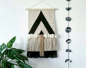 Woven Wall Hanging, Handmade Tapestry, Mid Century Modern, Boho Decor, Macrame Wall Hanging, Black and White Triangles "Bohem"