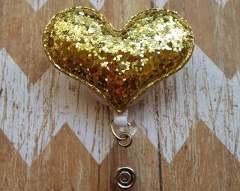 Gold Glitter heart badge reel, heart badge reel, Nurses badge reel, teacher badge reel, Gold Heart Badge Reel, Nurses gift, ID badge reel