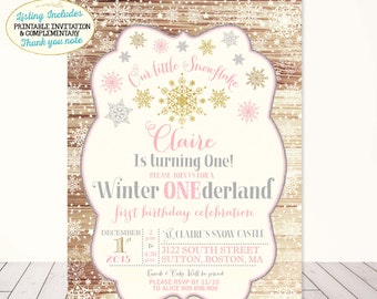 Winter ONEderland Invitation Winter Wonderland Invitation Winter Birthday Snowflake Birthday Rustic ONEderland Birthday Pink Gold White