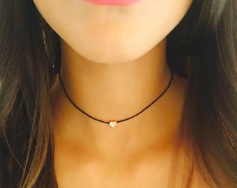 Gold Plated heart choker, Heart necklace, Delicate heart necklace, Beaded heart choker, Love heart necklace, Black cord choker, Gift for her