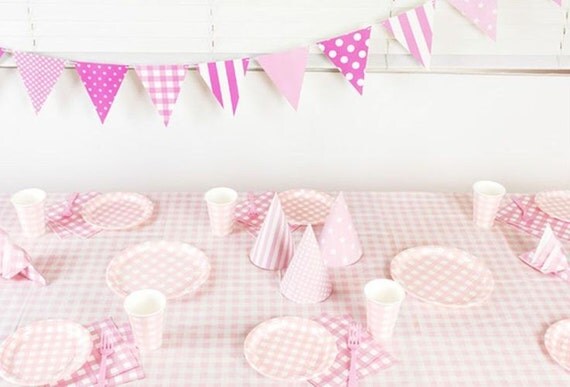 supplies baby oh shower Rectangular White Gingham 60x102 inch Pink Tablecloth and