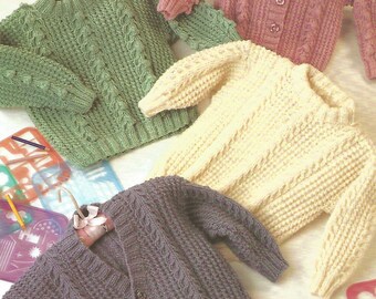 Knitting Pattern Babies/Children's Aran/Fisherman/12 Ply 4 Designs Cable Sweater & Cardigan V Neck and Round Neck size 20-26in 50-65cm