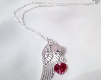 Angel Wing Necklace - Angel Wing Heart Rose Quartz Necklace - Swarovski Heart Necklace -