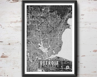 Detroit Michigan Map with Coordinates, Detroit Wall Art, Detroit Map, Map Art, Map Print, Detroit Print, Detroit Art, Detroit Gift, Map