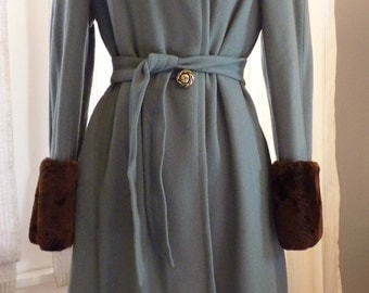 Vintage 1940's blue wool coat with shoulder pads and faux fur trim