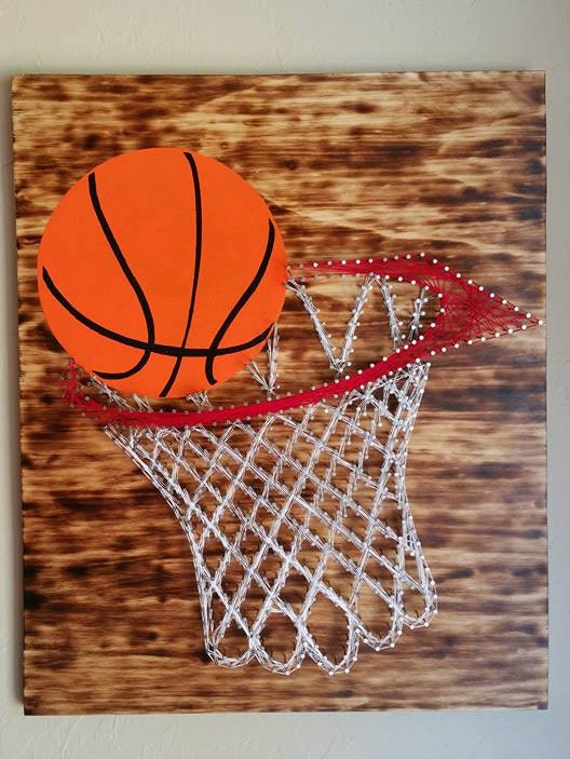 Custom Painted Basketball and Hoop String Art Wood Wall Decor