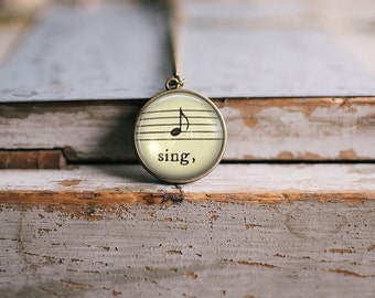 Vintage Music Note "Sing" Necklace ⇻ Glass Dome Sheet Music Necklace ⇻ Shabby Chic Pendant Necklace