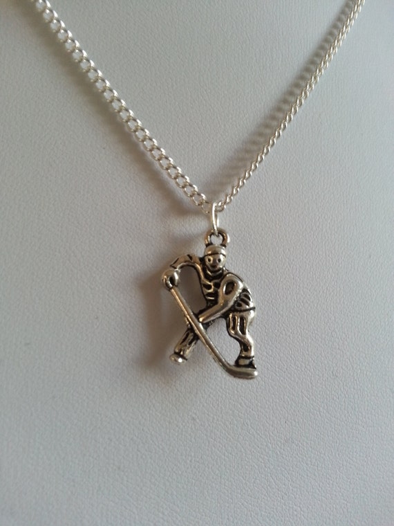 Hockey Player Silver Pendant Necklace Hockey by OpalFantasy