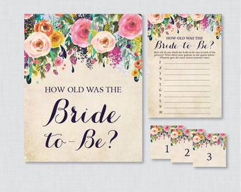 How Old Was the Bride To Be Game - Printable Floral Bridal Shower Game - Guess the Bride's Age, How Old Was She - Shabby Chic Garden 0002-A