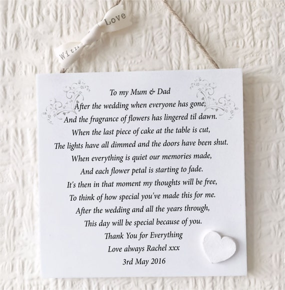 Parents Thank You Wedding Gift Personalised Mum Dad Plaque Bride Groom ...