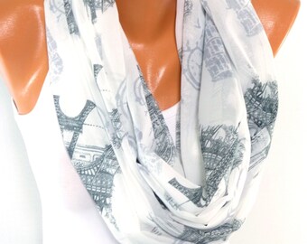Scarf, Shawl, Scarves, infinity Chiffon scarf, Eiffel Tower Painted, Scarf with Paris Eiffel Tower Pattern, Lightweight Scarf, gift for her