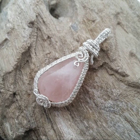 Rose Quartz Necklace Wire Wrapped Pendant Rose by TerrenEssence