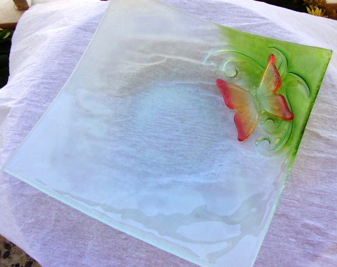 Vintage 90's Butterfly Handmade Fused Glass Plate, Serving Platter, Decorative Plate, Fused Glass Dish, Fused Glass Tray