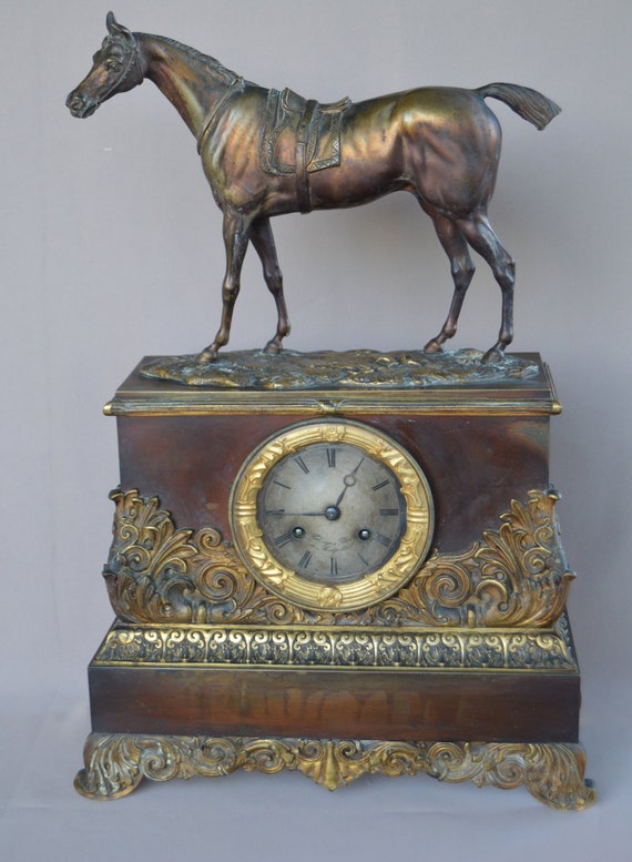 French Antique Empire Bronze Clock Horse Faberge Movement